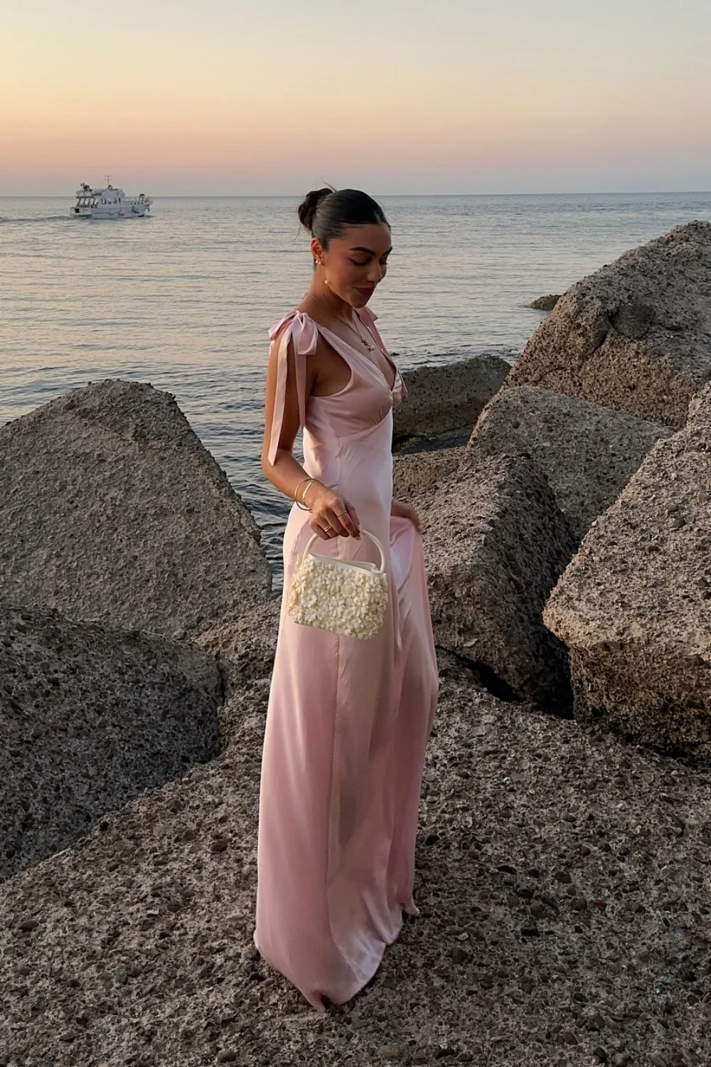 Elegant Satin Slip V-Neck Sleeveless Bow-Strap Open-Back Floor Length Evening Dress