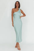 Mint Green One Shoulder Satin Midi Bridesmaid Dress with Shoulder Tie