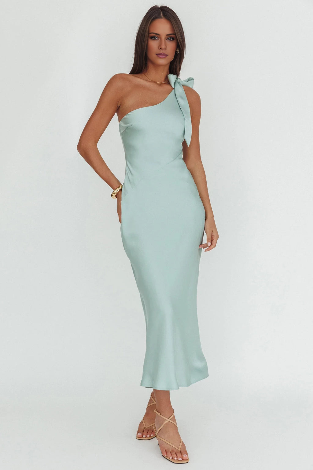 Mint Green One Shoulder Satin Midi Bridesmaid Dress with Shoulder Tie