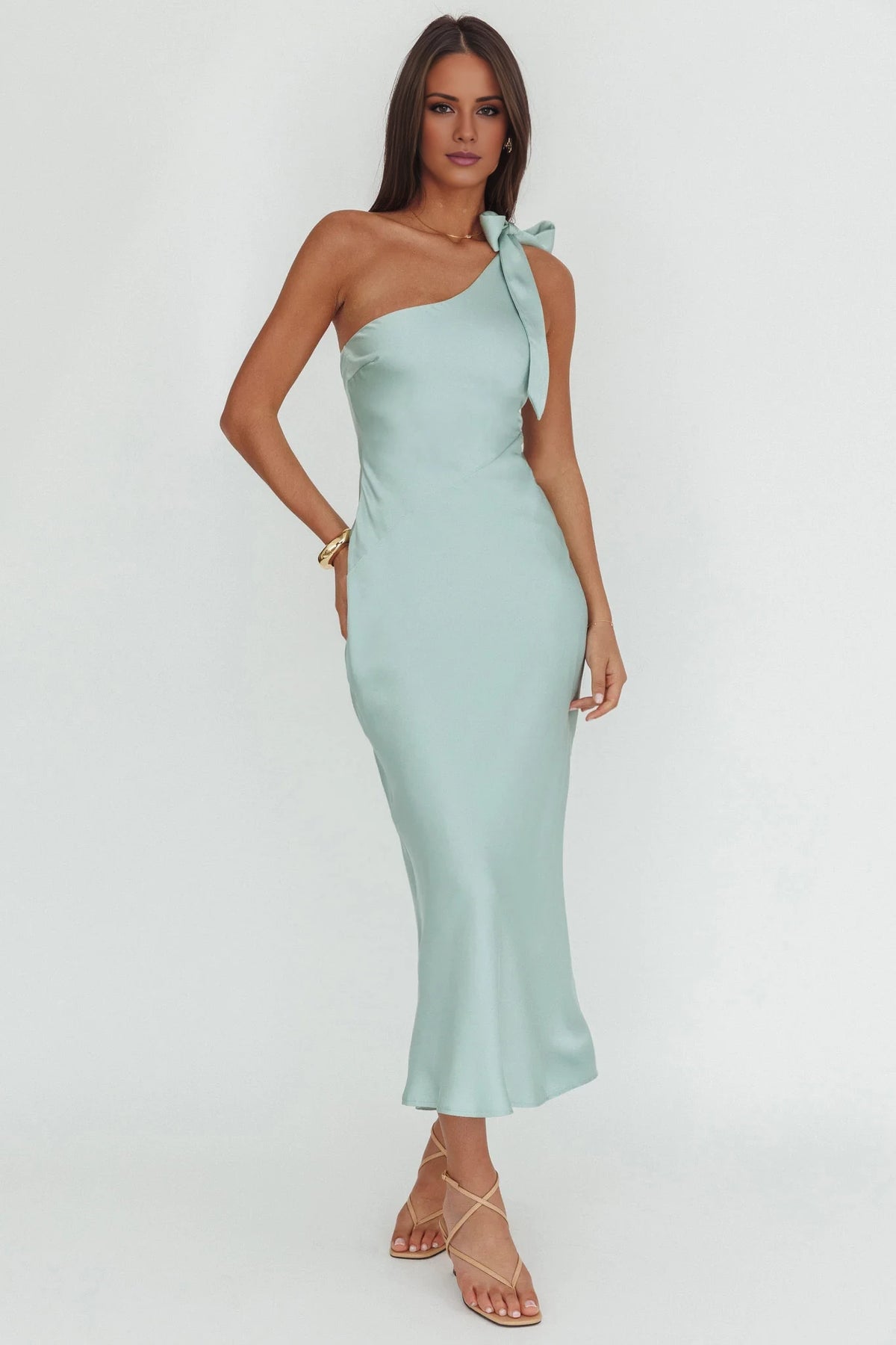 Mint Green One Shoulder Satin Midi Bridesmaid Dress with Shoulder Tie