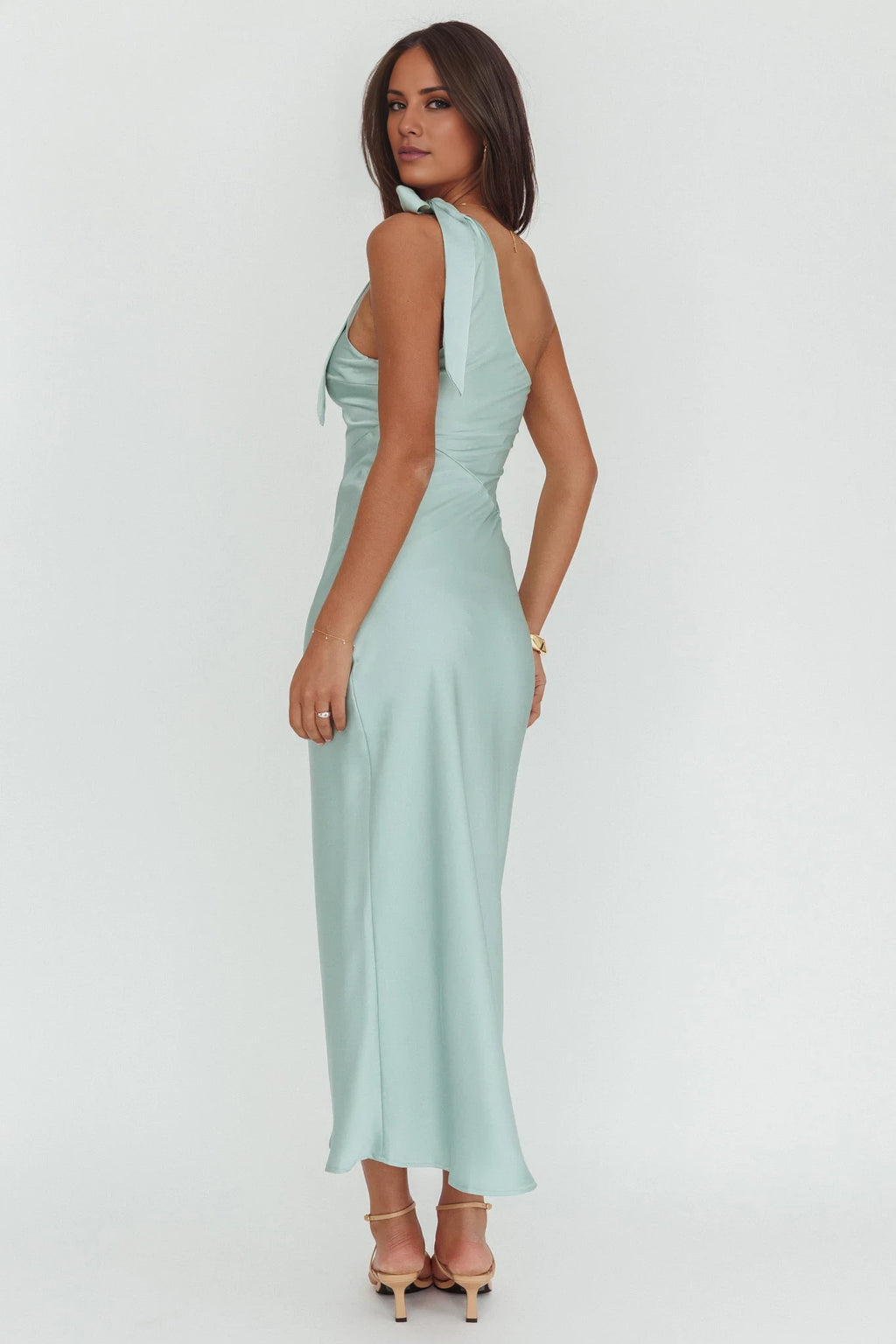 Mint Green One Shoulder Satin Midi Bridesmaid Dress with Shoulder Tie