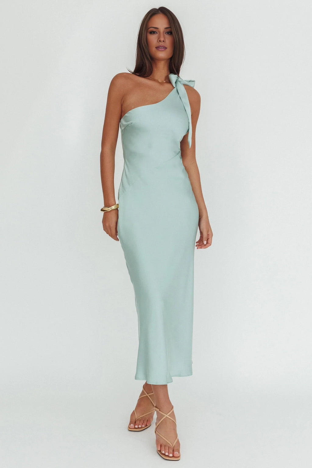 Mint Green One Shoulder Satin Midi Bridesmaid Dress with Shoulder Tie