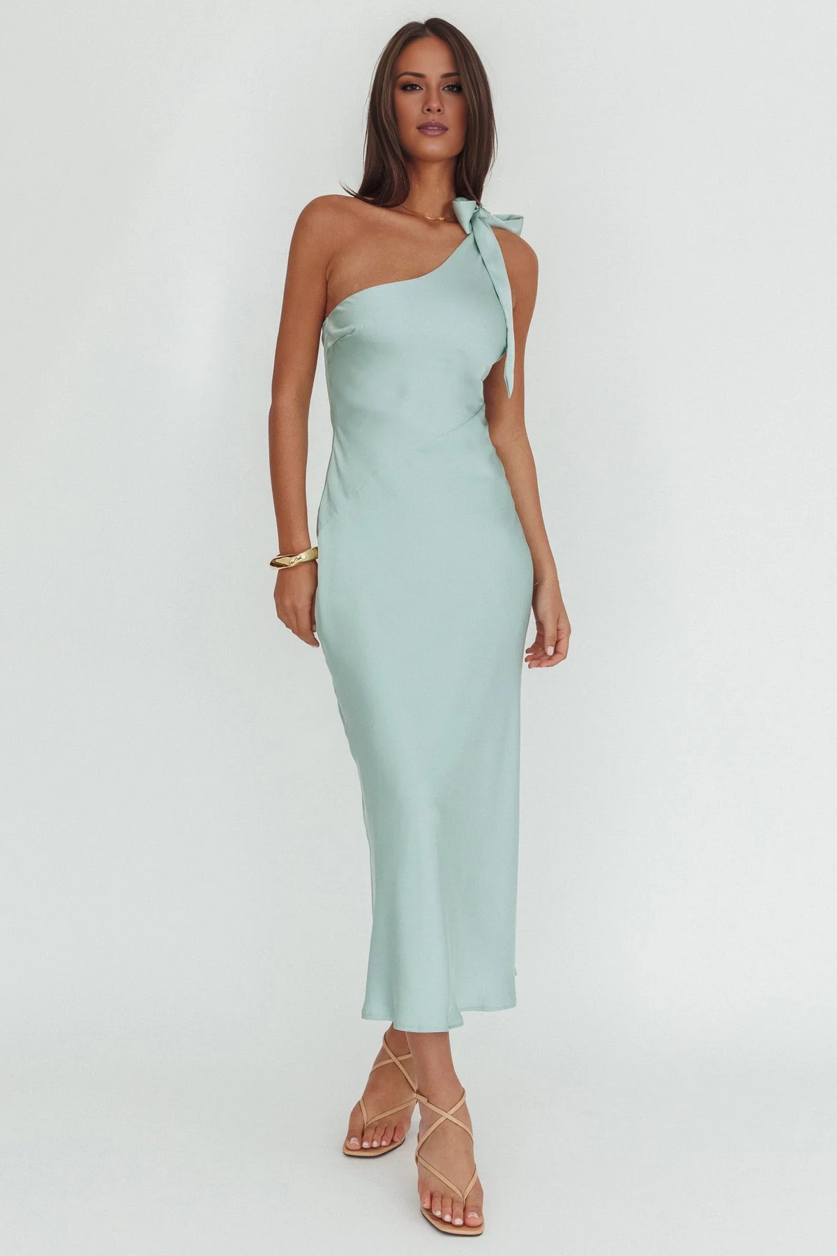 Mint Green One Shoulder Satin Midi Bridesmaid Dress with Shoulder Tie