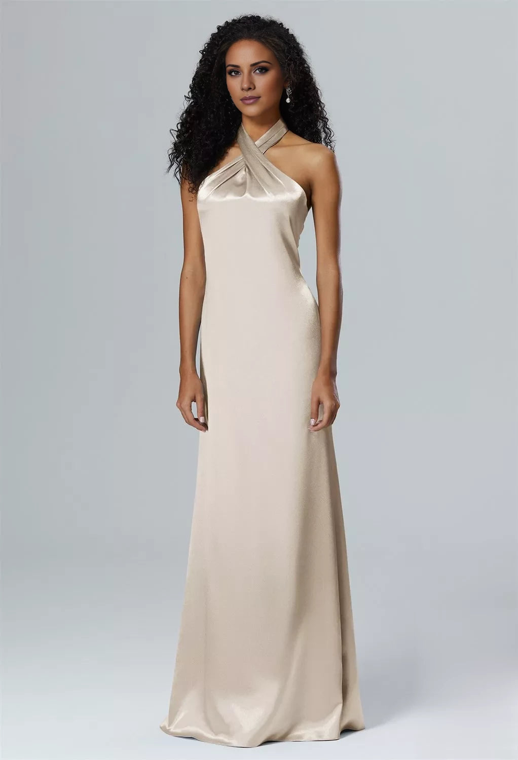 Champagne Satin A-Line Floor-Length Dress with Halter neckline & Backless | Jimiss