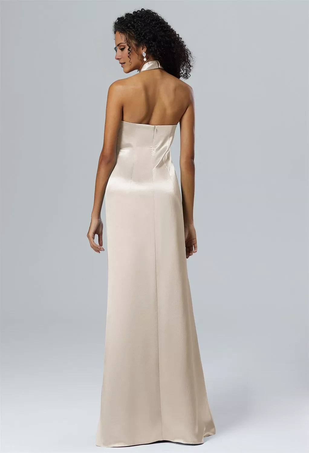 Champagne Satin A-Line Floor-Length Dress with Halter neckline & Backless | Jimiss