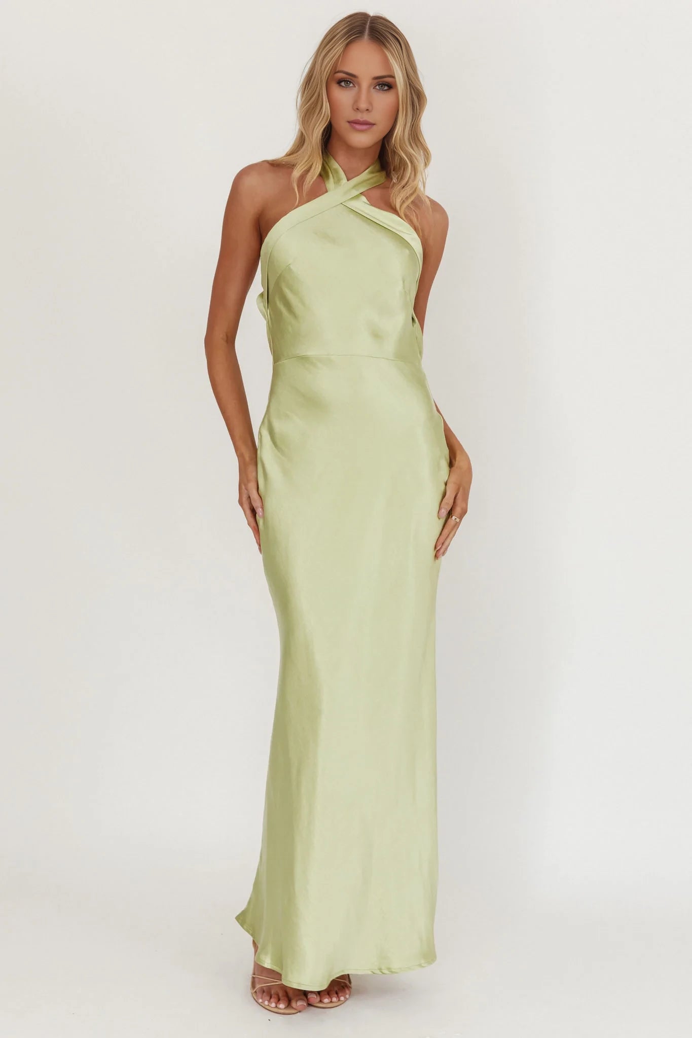 Elegant Sheath/Column Light Green Halter Neck Sleeveless Open Back Satin Floor-Length Prom Dress