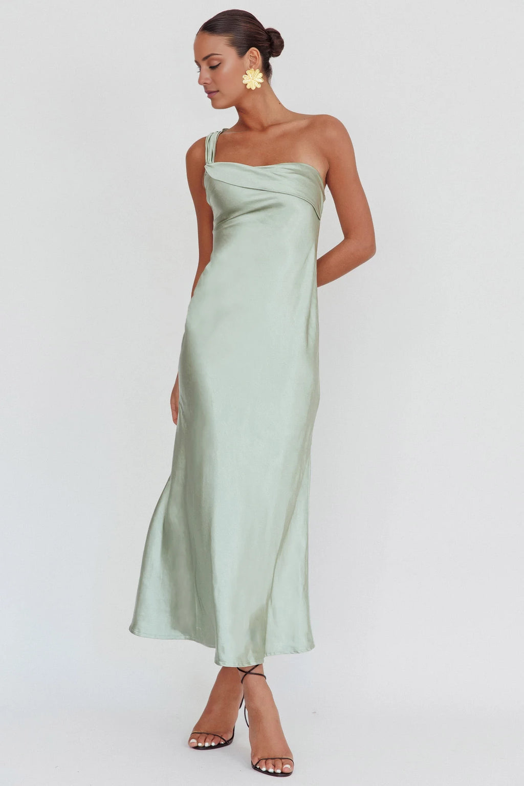 Mint Green Satin One Shoulder Ankle-Length Bridesmaid Dress