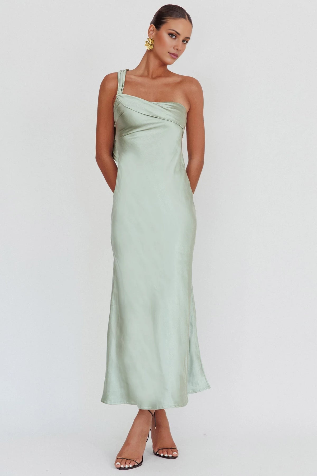Mint Green Satin One Shoulder Ankle-Length Bridesmaid Dress