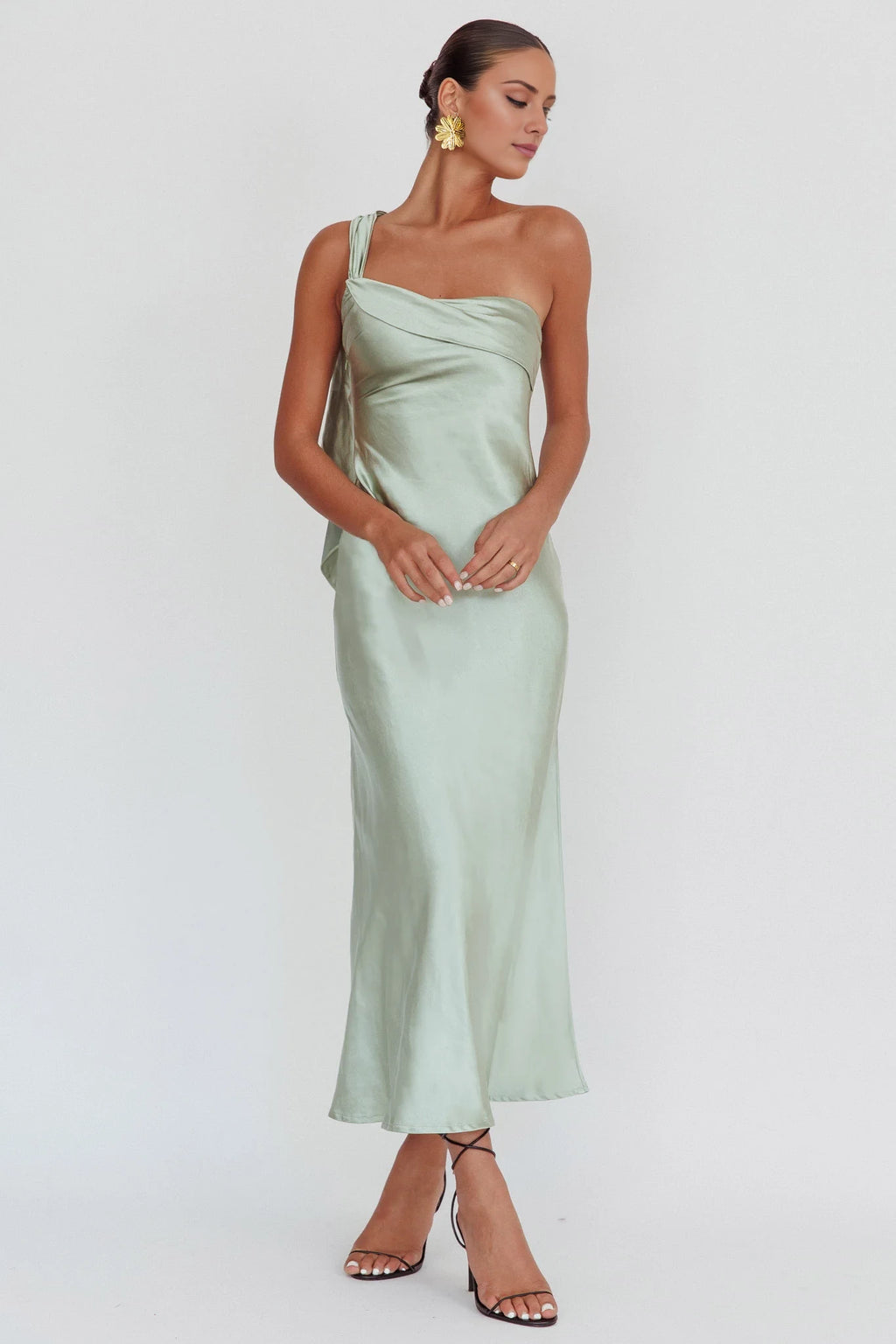Mint Green Satin One Shoulder Ankle-Length Bridesmaid Dress