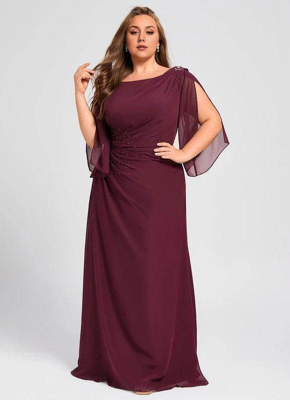 Burgundy Chiffon A-Line Floor-Length Evening Dress with Draped Bodice & Sleeves