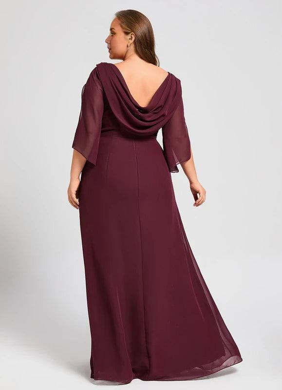 Burgundy Chiffon A-Line Floor-Length Evening Dress with Draped Bodice & Sleeves