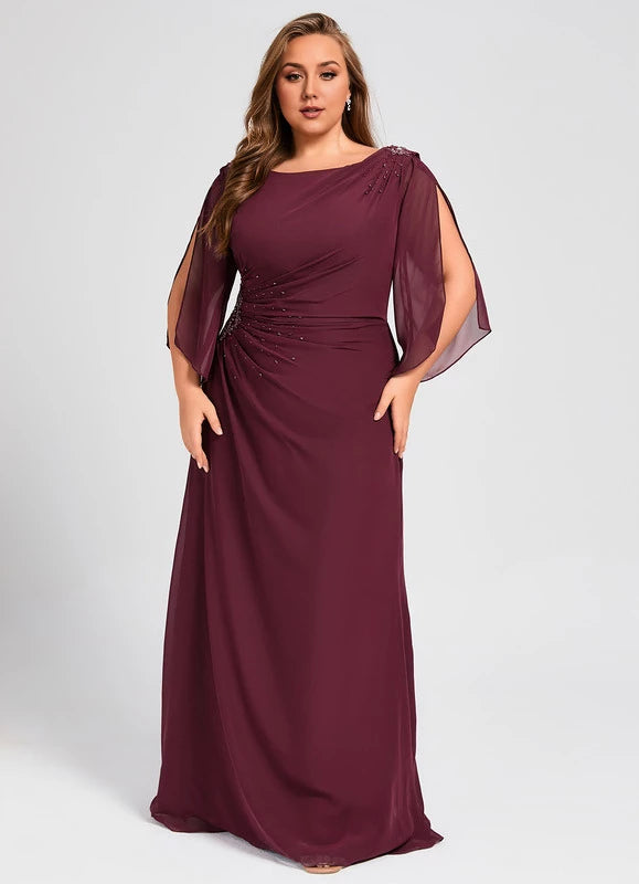 Burgundy Chiffon A-Line Floor-Length Evening Dress with Draped Bodice & Sleeves