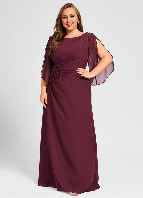 Burgundy Chiffon A-Line Floor-Length Evening Dress with Draped Bodice & Sleeves