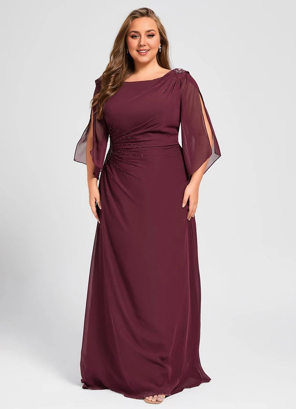 Burgundy Chiffon A-Line Floor-Length Evening Dress with Draped Bodice & Sleeves