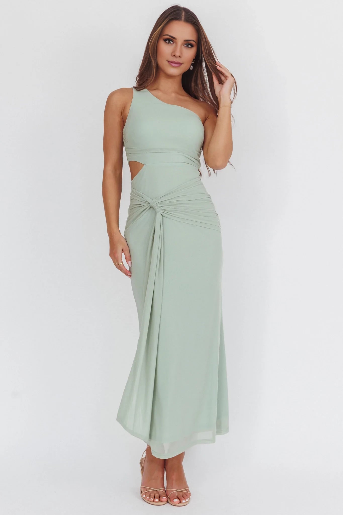 Elegant Sheath/Column Sage Green One-Shoulder Neck Sleeveless Cutout Ruched Floor-Length Prom Dress