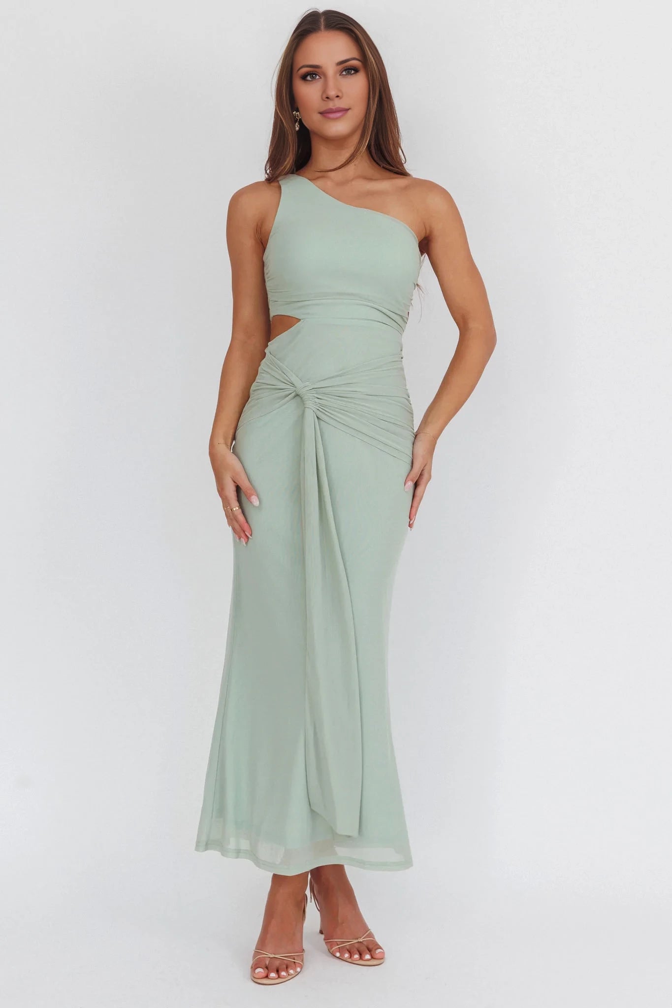 Elegant Sheath/Column Sage Green One-Shoulder Neck Sleeveless Cutout Ruched Floor-Length Prom Dress