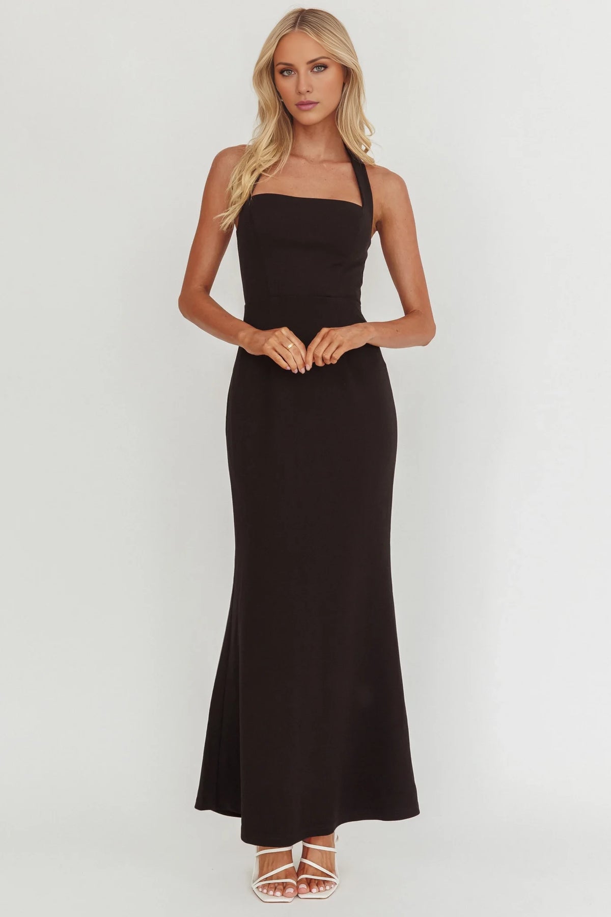 Elegant Black Crepe Square Neck Sheath/Column Floor-Length Dress
