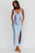 Sky Blue Satin Sheath V-Neck Midi Bridesmaid Dress