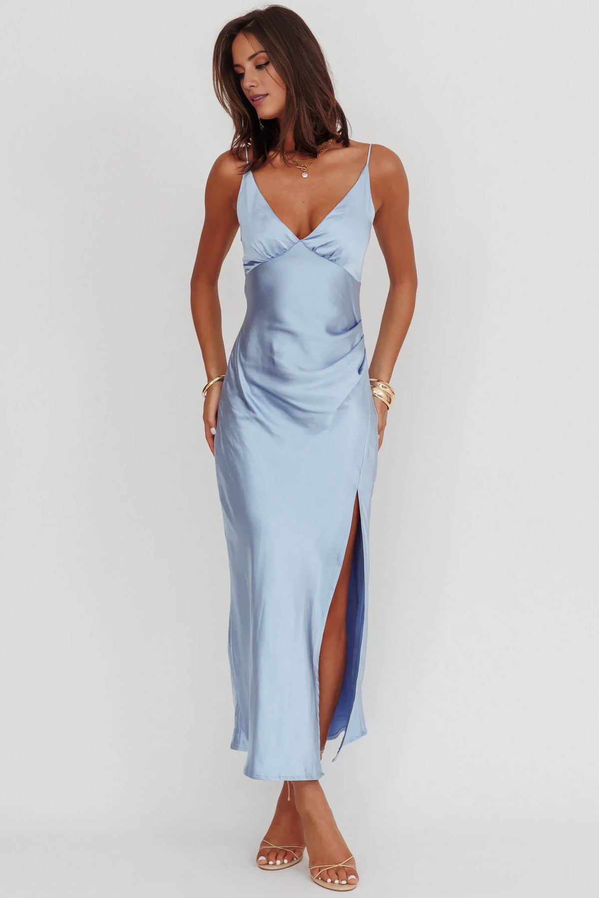 Sky Blue Satin Sheath V-Neck Midi Bridesmaid Dress