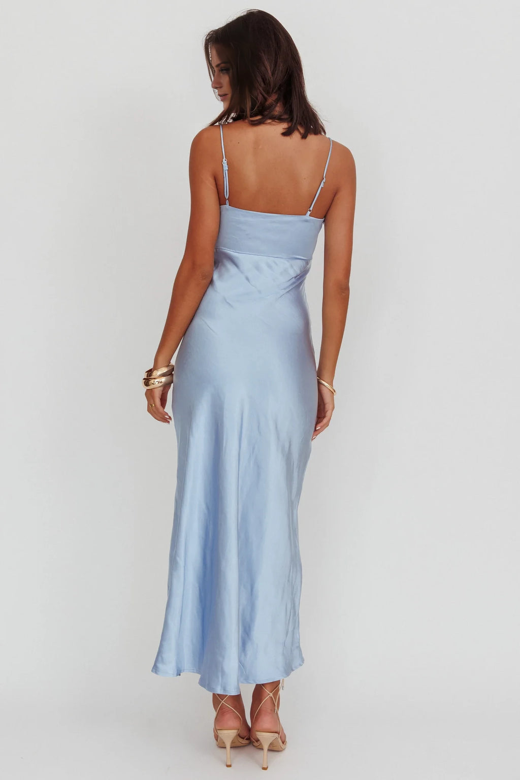 Sky Blue Satin Sheath V-Neck Midi Bridesmaid Dress