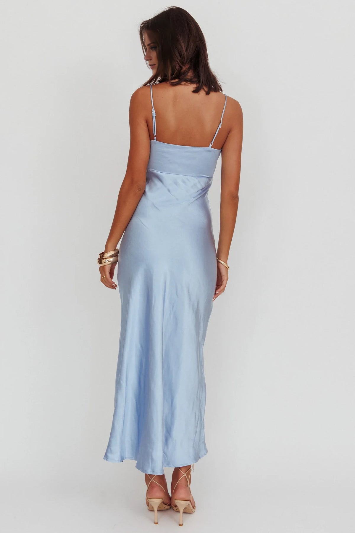 Sky Blue Satin Sheath V-Neck Midi Bridesmaid Dress