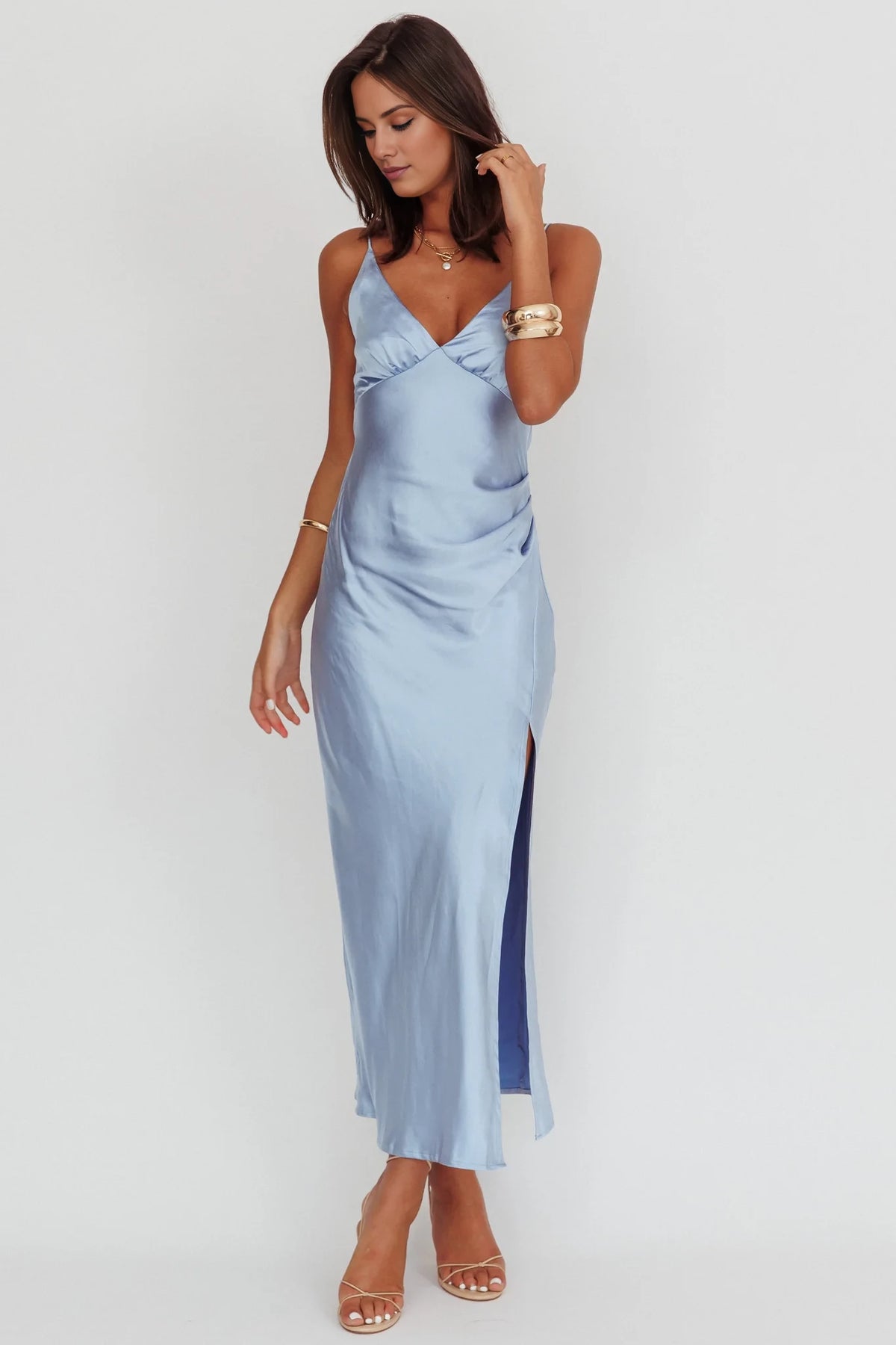 Sky Blue Satin Sheath V-Neck Midi Bridesmaid Dress