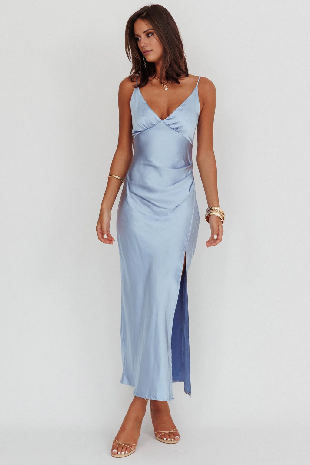 Sky Blue Satin Sheath V-Neck Midi Bridesmaid Dress