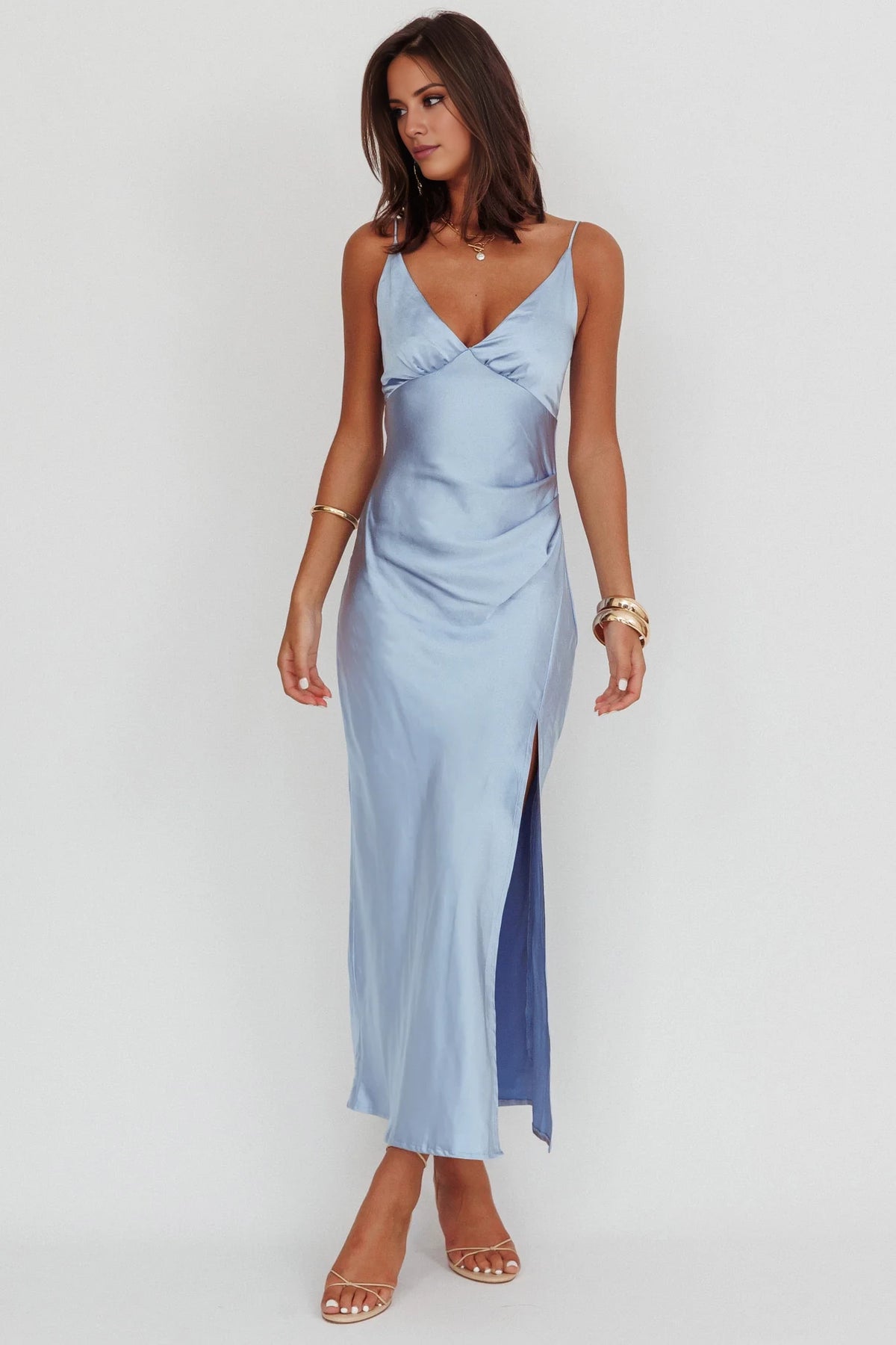 Sky Blue Satin Sheath V-Neck Midi Bridesmaid Dress