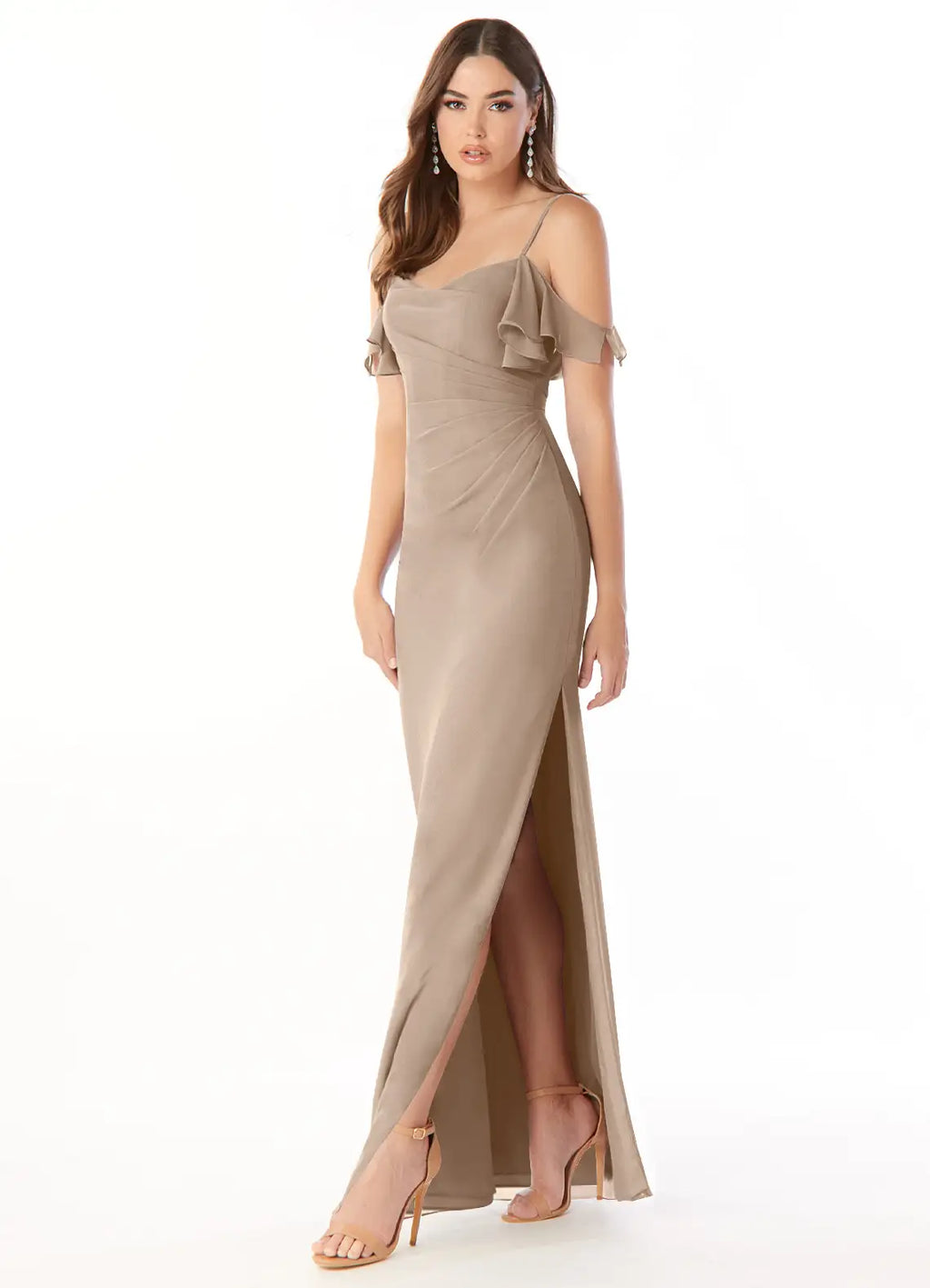 Mocha Chiffon Off-the-Shoulder Ruffle Floor-Length Sheath Bridesmaid Dress