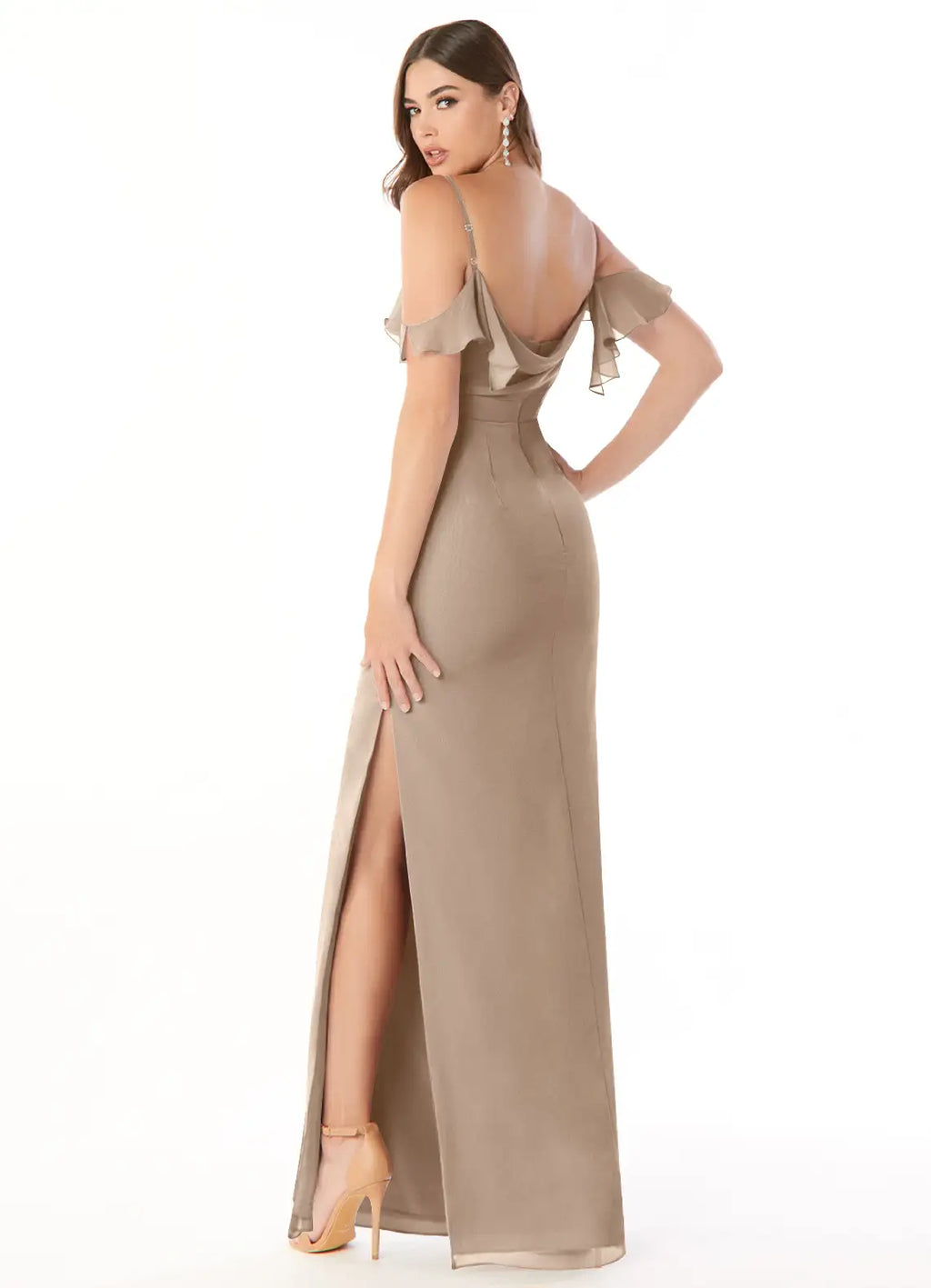 Mocha Chiffon Off-the-Shoulder Ruffle Floor-Length Sheath Bridesmaid Dress