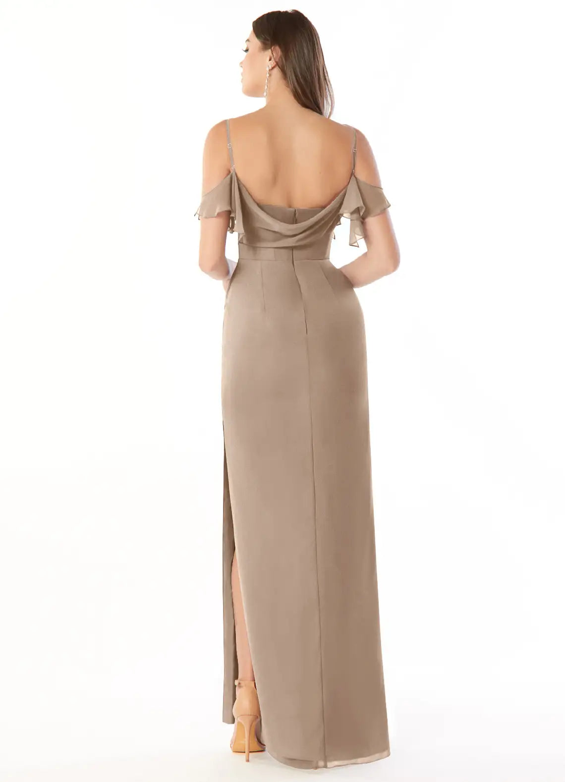 Mocha Chiffon Off-the-Shoulder Ruffle Floor-Length Sheath Bridesmaid Dress