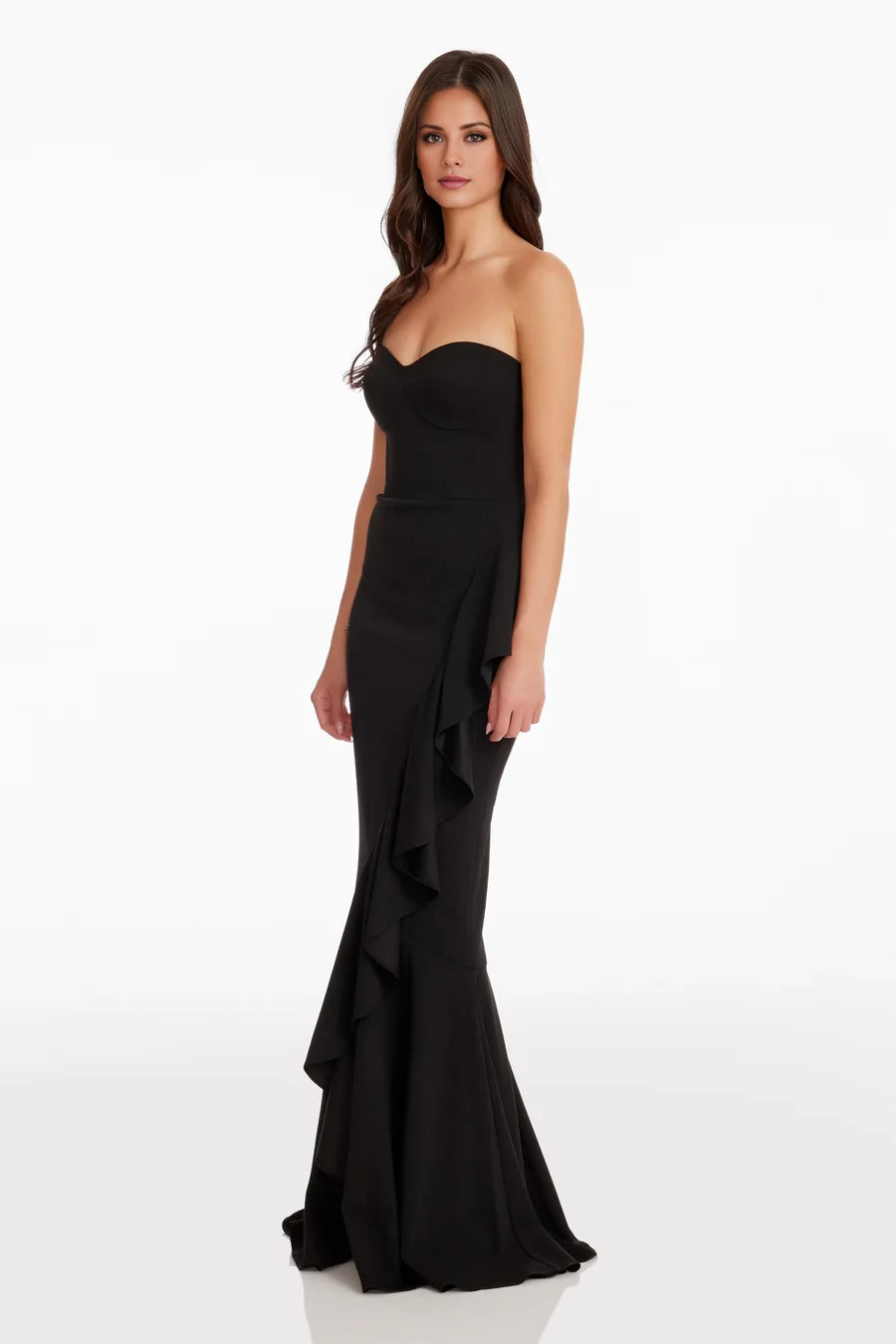 Black Crepe Mermaid Floor-Length Dress with Sweetheart Neckline & Cascading Ruffle