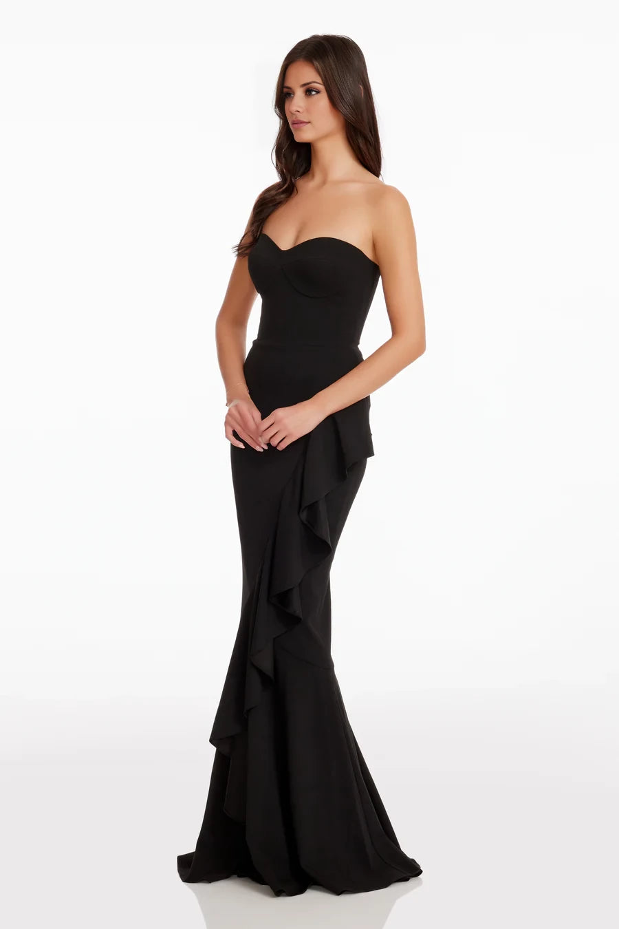 Black Crepe Mermaid Floor-Length Dress with Sweetheart Neckline & Cascading Ruffle