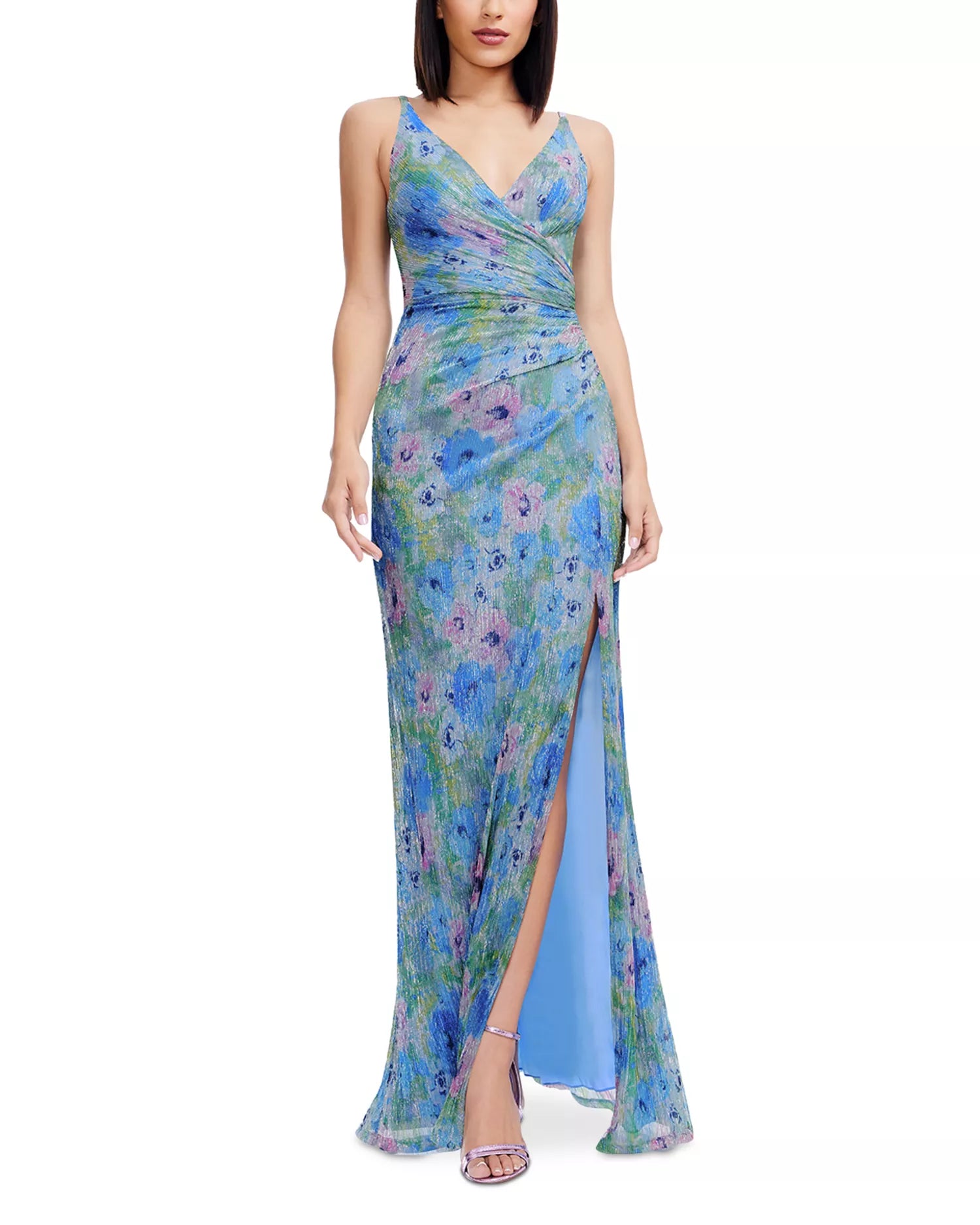 Elegant Shimmering Floral V-Neck Spaghetti Strap Fitted Back Slit Floor-Length Prom Dress
