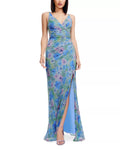 Blue Glitter Sheath/column Floor-Length Evening Dress with Ruched Bodice, Slit