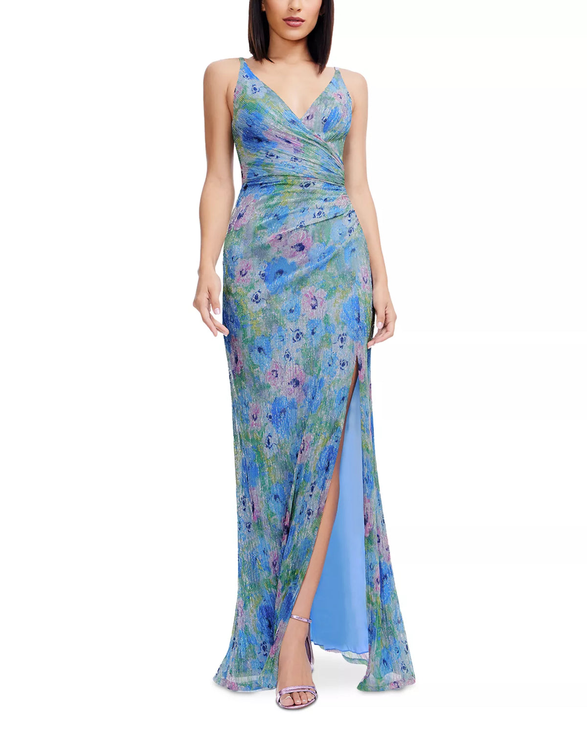 Blue Glitter Sheath/column Floor-Length Evening Dress with Ruched Bodice, Slit