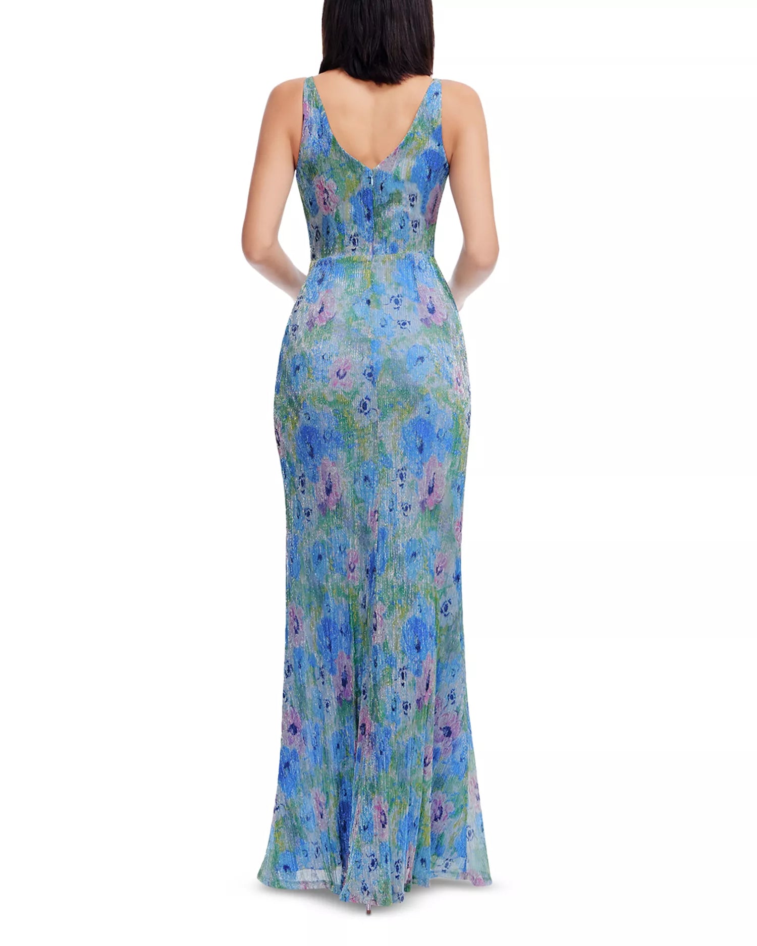 Elegant Shimmering Floral V-Neck Spaghetti Strap Fitted Back Slit Floor-Length Prom Dress