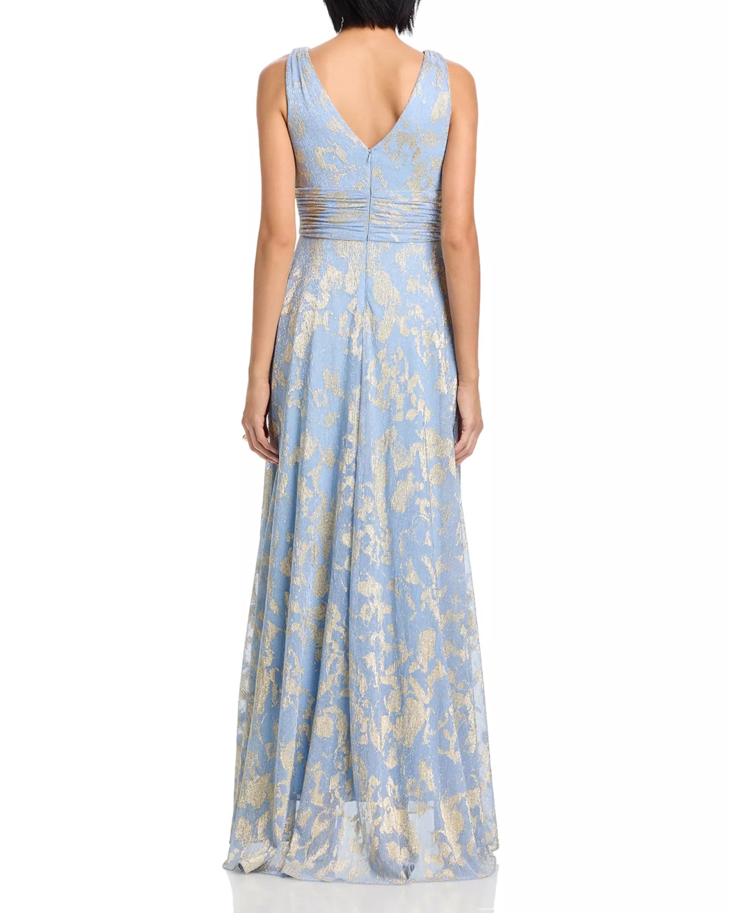 Elegant Shimmering Metallic Floral V-Neck Sleeveless Ruched Back Pocket Floor-Length Prom Dress