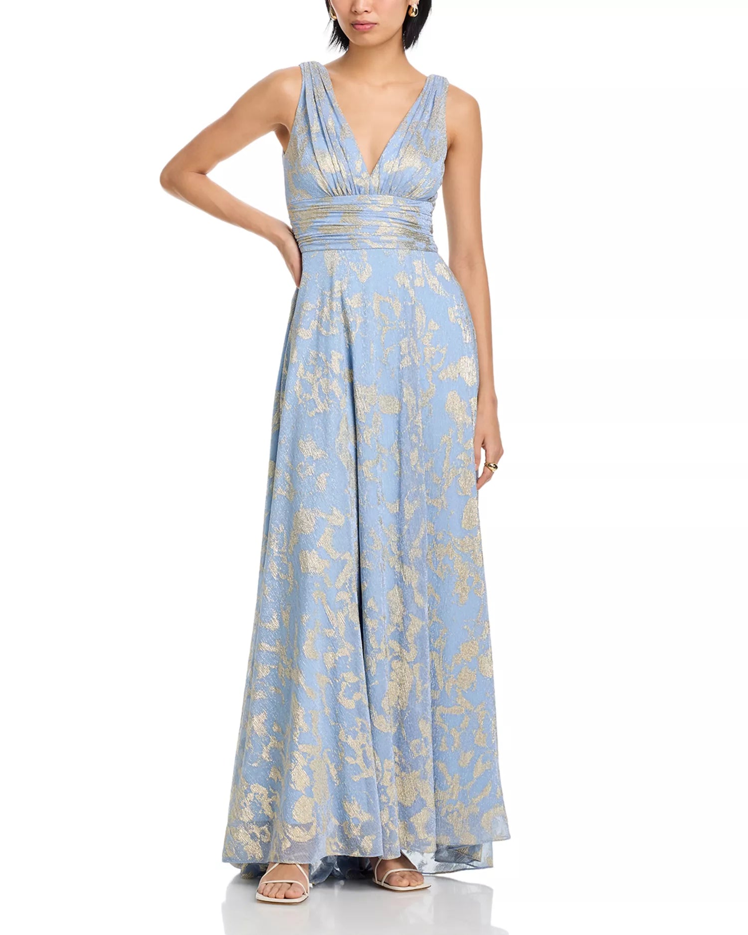 Elegant Shimmering Metallic Floral V-Neck Sleeveless Ruched Back Pocket Floor-Length Prom Dress