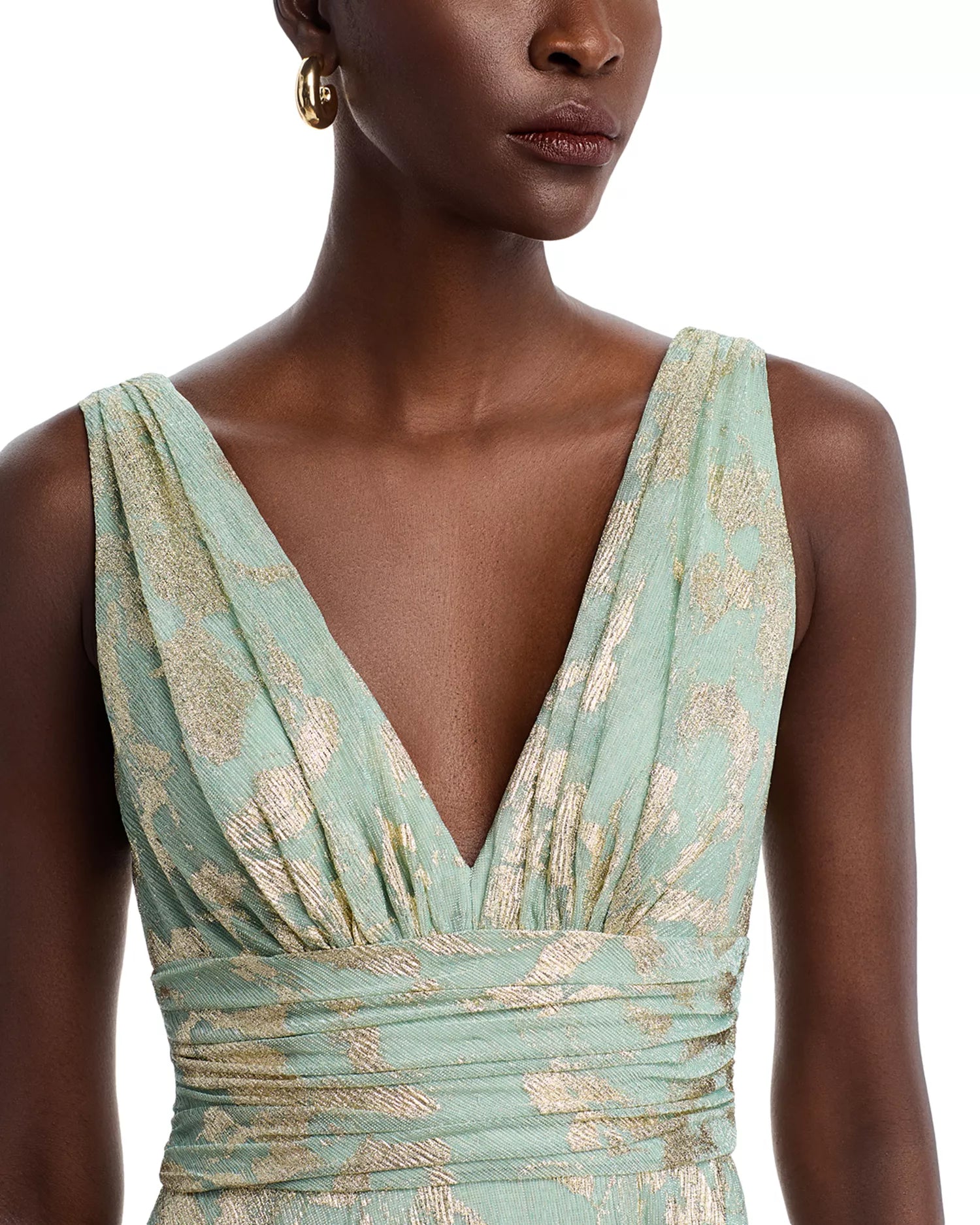 Elegant Shimmering Metallic Floral V-Neck Sleeveless Ruched Back Pocket Floor-Length Prom Dress