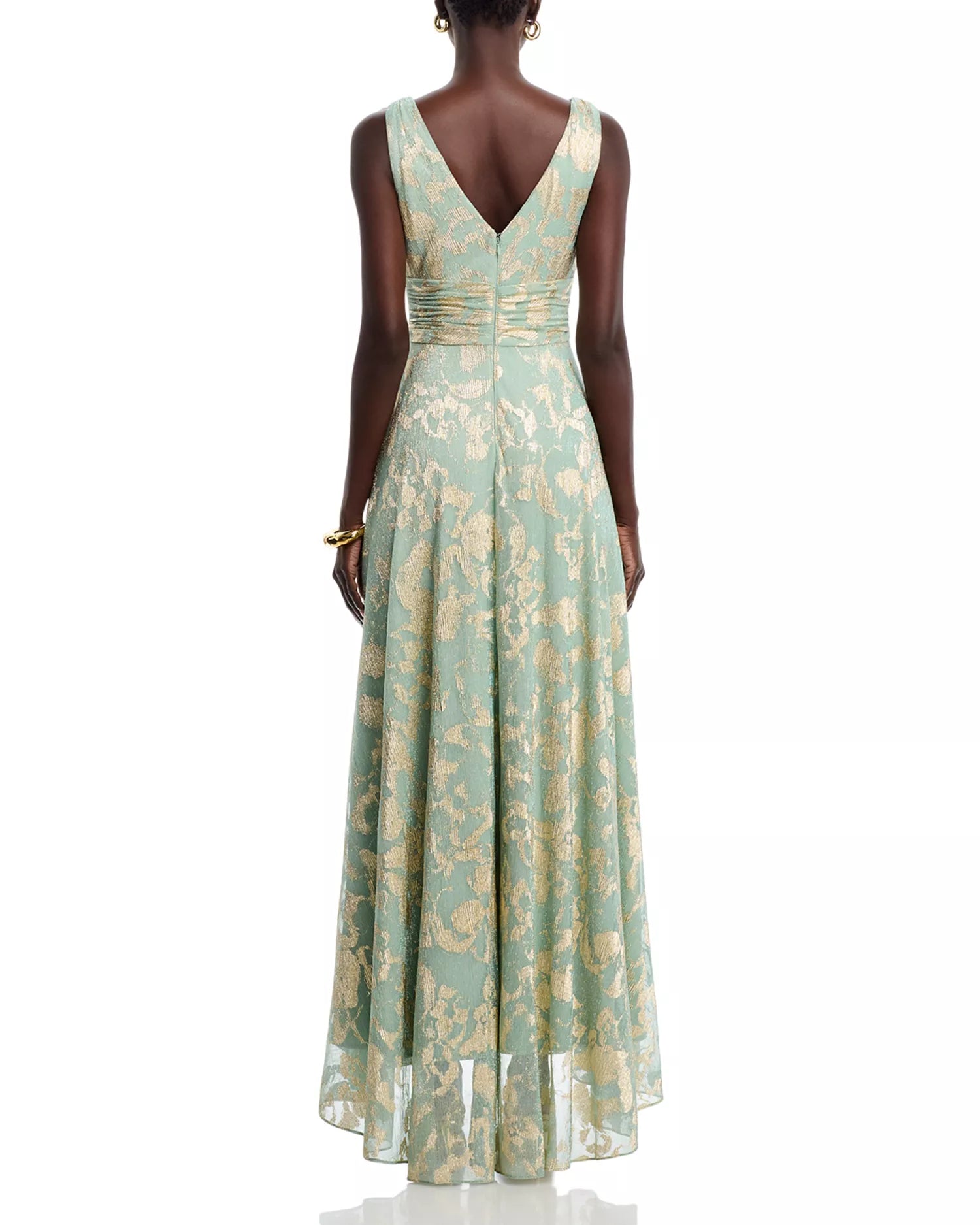 Elegant Shimmering Metallic Floral V-Neck Sleeveless Ruched Back Pocket Floor-Length Prom Dress
