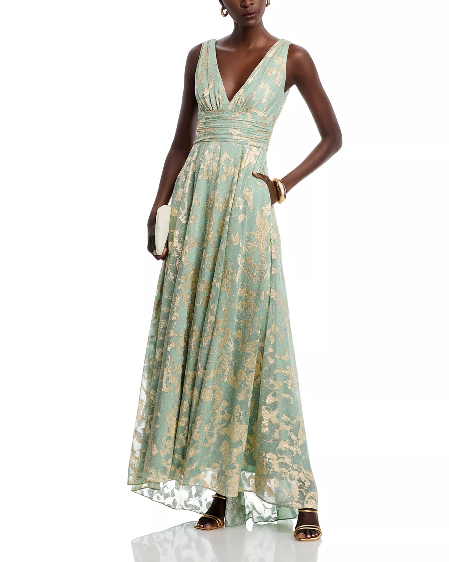 Elegant Shimmering Metallic Floral V-Neck Sleeveless Ruched Back Pocket Floor-Length Prom Dress