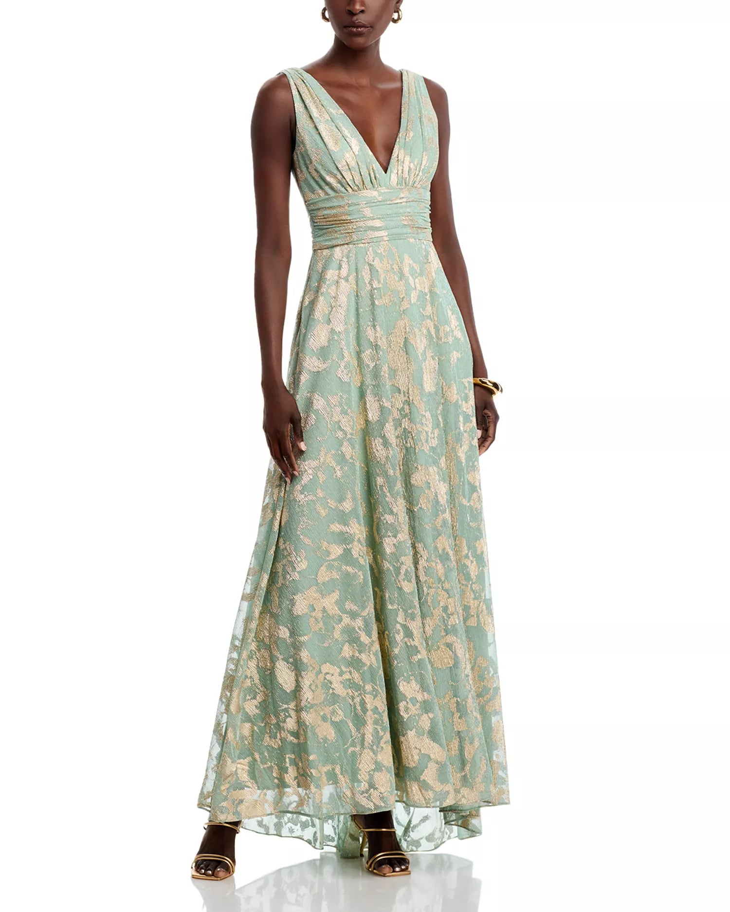 Elegant Shimmering Metallic Floral V-Neck Sleeveless Ruched Back Pocket Floor-Length Prom Dress