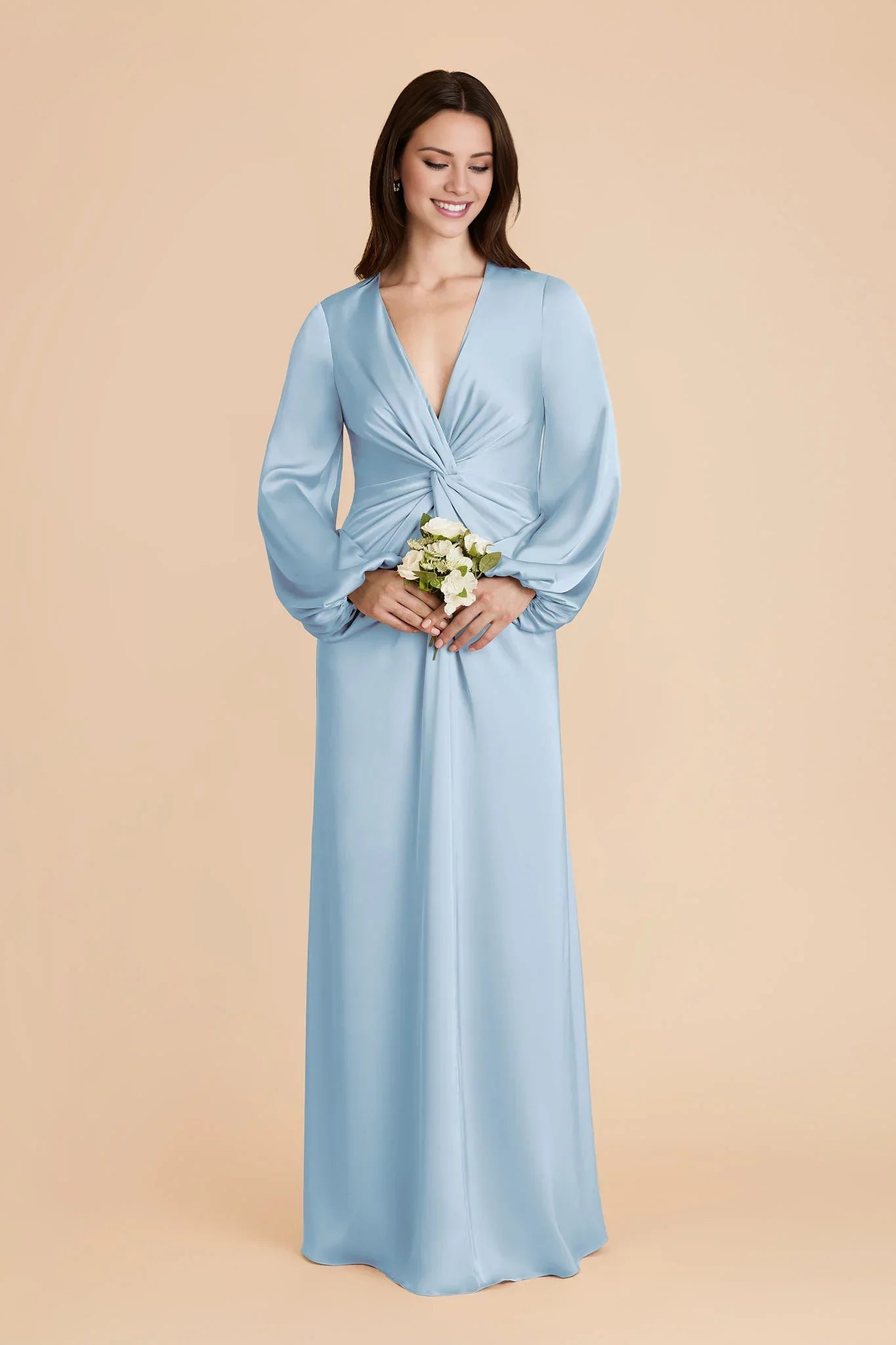 Elegant Sky Blue Satin Deep V-Neck Puff-Sleeve Maxi Bridesmaid Dress with Twist Waist Detail