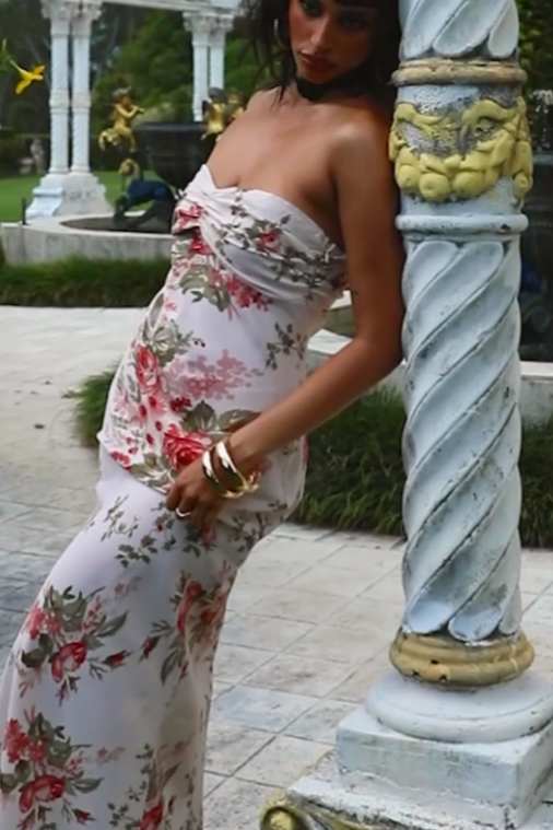 Elegant Slim Fit Strapless Floral Print Tube Top Ankle-Length Bodycon Prom Dress