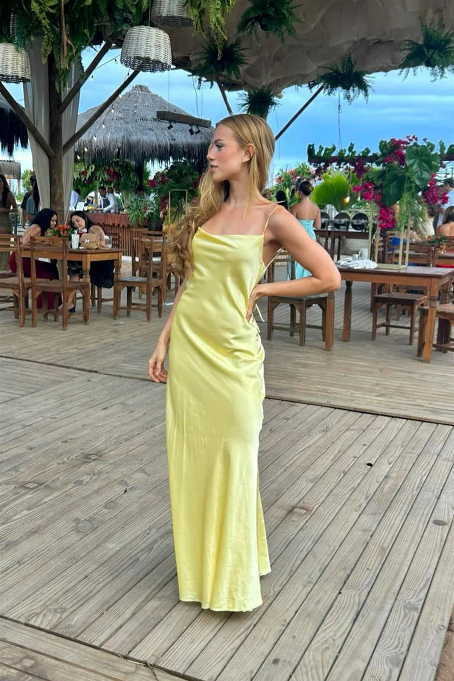 Cowl Neck Butter Satin Floor-Length Sheath/column Gown with Lace-up Back