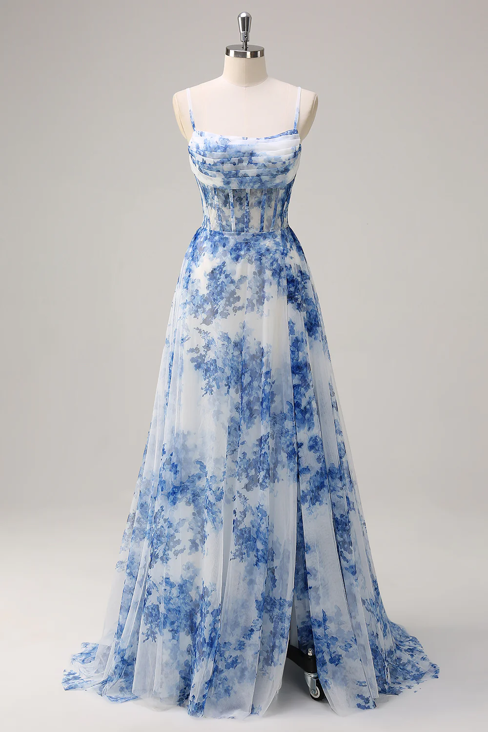 Elegant Spaghetti Strap Blue Floral Print Tulle Maxi Prom Dress with Corset Bodice