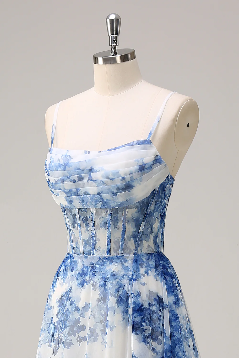Elegant Spaghetti Strap Blue Floral Print Tulle Maxi Prom Dress with Corset Bodice