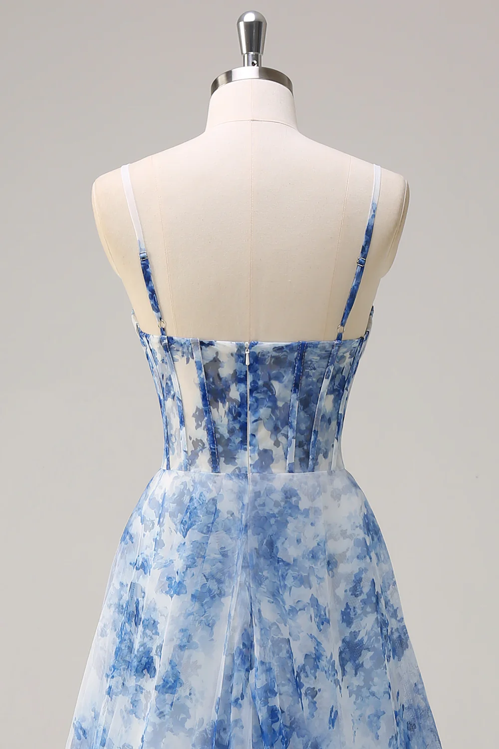 Elegant Spaghetti Strap Blue Floral Print Tulle Maxi Prom Dress with Corset Bodice