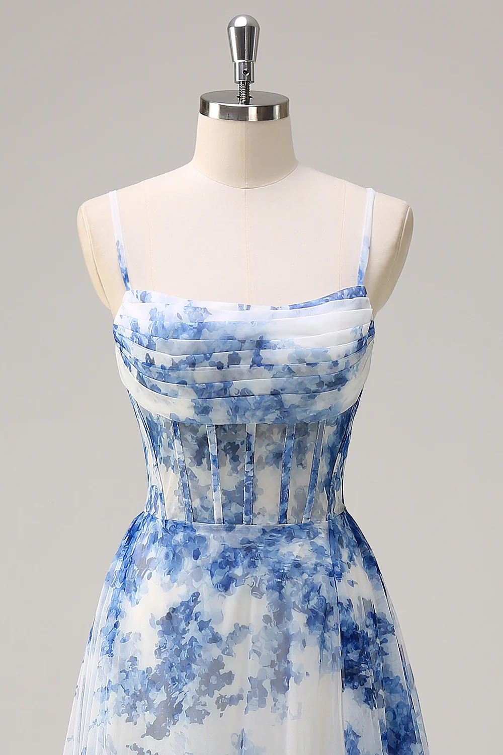 Elegant Spaghetti Strap Blue Floral Print Tulle Maxi Prom Dress with Corset Bodice